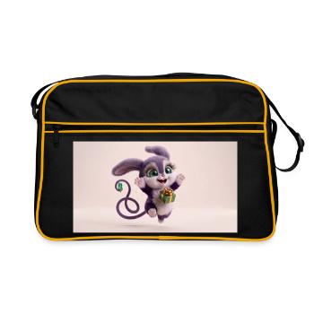 Cute fluffy purple 3D character holding a green gi - Retro Tasche - Schwarz/Gold - Vorne