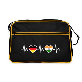 Indien Deutschland Herzschlag Flagge Inder - Retro Tasche - Schwarz/Gold - Vorne
