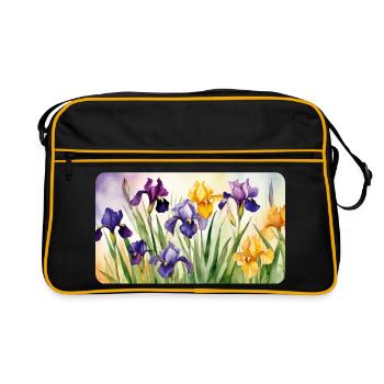 Romantische Schwertlilien - Aquarellfarben  - Retro Tasche - Schwarz/Gold - Vorne