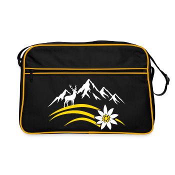 Alpenberg Edelweiss Hirsch Bayerisches Wandern - Retro Tasche - Schwarz/Gold - Vorne