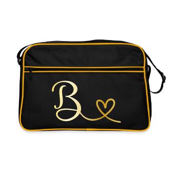 B goldenes Monogramm mit Herz - Retro Tasche - Schwarz/Gold - Vorne