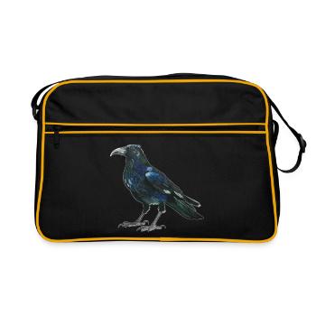 Raven crow with slightly bluish green feathers - Retro Bag - black/gold - Front