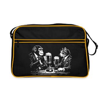 Schimpanse und Katze trinken Bier im Pub - Retro Tasche - Schwarz/Gold - Vorne