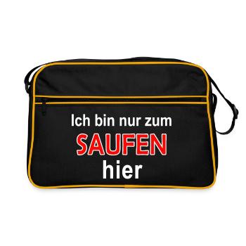 Saufen Hier Spruch Shirt - Retro Tasche - Schwarz/Gold - Vorne