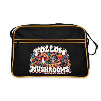Follow the Mushrooms – Psychedelischer Pilztraum - Retro Tasche - Schwarz/Gold - Vorne