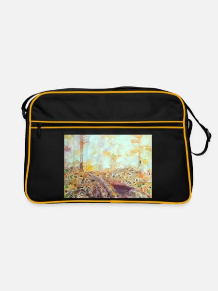Wald-Aquarelllandschaft im Herbst - Retro Tasche - Schwarz/Gold - Vorne