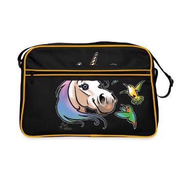 Einhorn und Kolibris (weisse Umrisse - Retro Bag - black/gold - Front