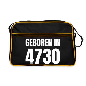 Design 18 – Geboren in 4730 - Retro Tasche - Schwarz/Gold - Vorne