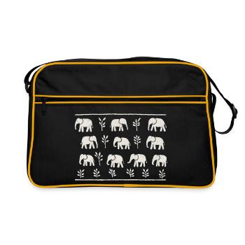 Elefanten und sich wiederholendes schwarz-weißes Laub - Retro Tasche - Schwarz/Gold - Vorne