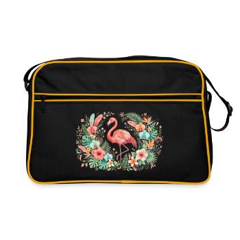 Flamingo in Tropical Flower Wreath - Retro Bag - black/gold - Front