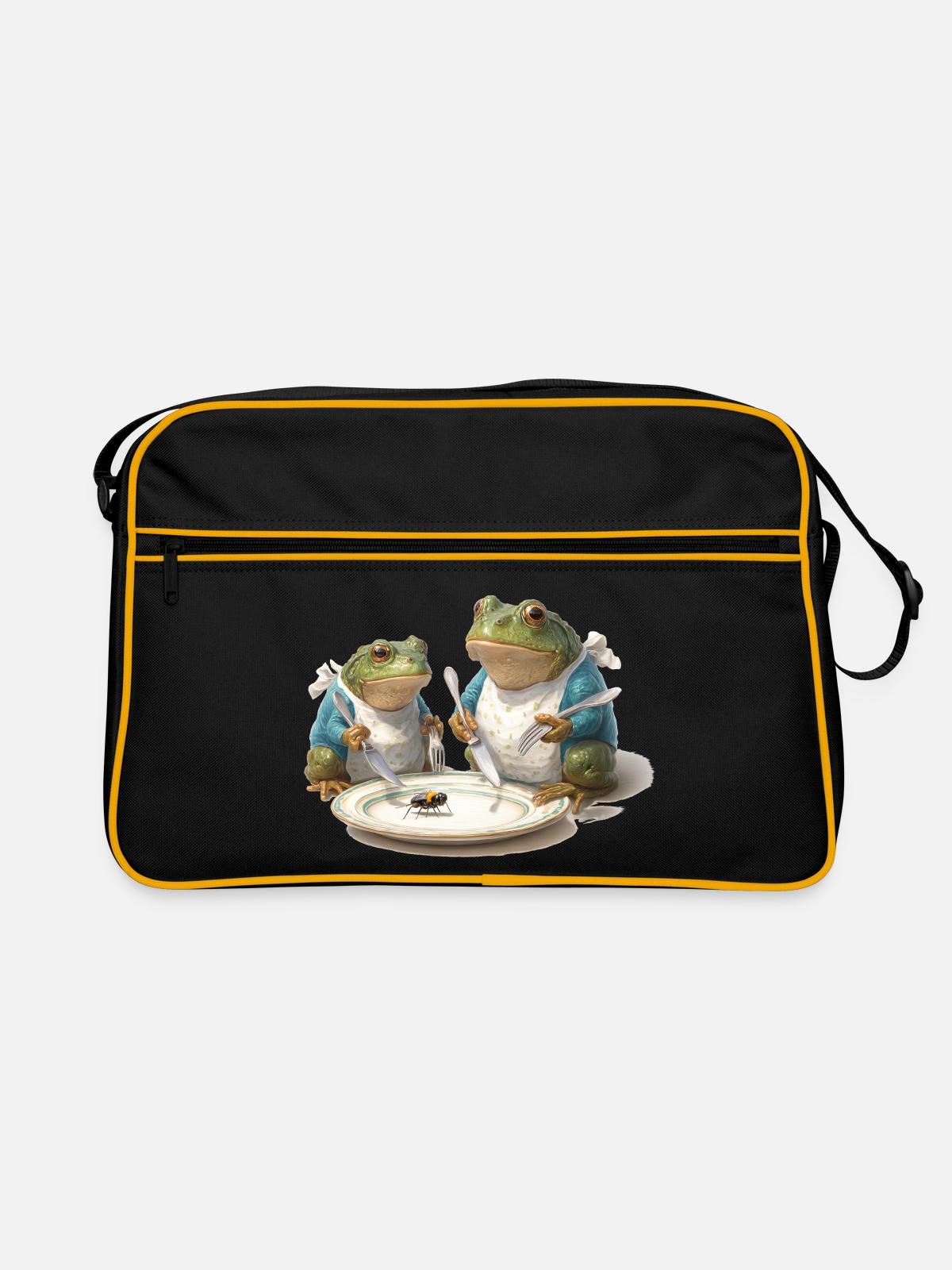 Frosch-Dinner: Fliege am Teller - Retro Tasche - Schwarz/Gold - Vorne