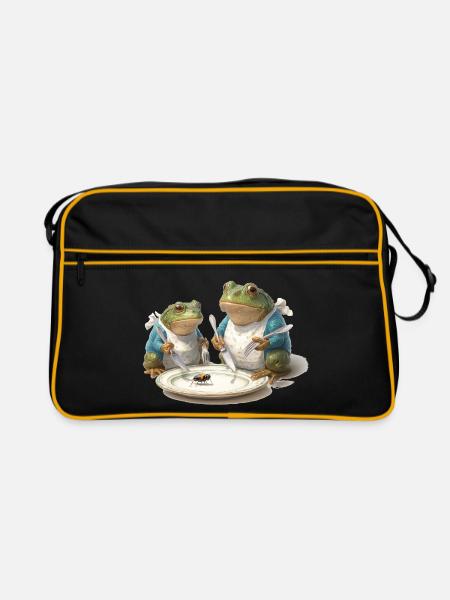Frosch-Dinner: Fliege am Teller - Retro Tasche - Schwarz/Gold - Vorne
