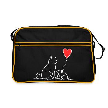 Katze und Maus mit Herzbalon - Retro Tasche - Schwarz/Gold - Vorne