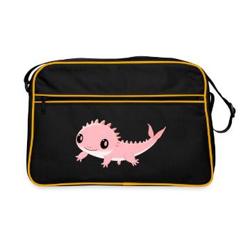 Zartrosa Dino-Liebling Axolotl - Retro Tasche - Schwarz/Gold - Vorne