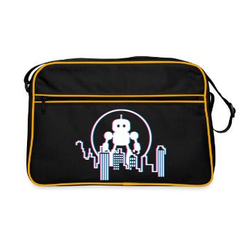 Roboter City Skyline – 3D Sci-Fi Zukunft Design - Retro Tasche - Schwarz/Gold - Vorne