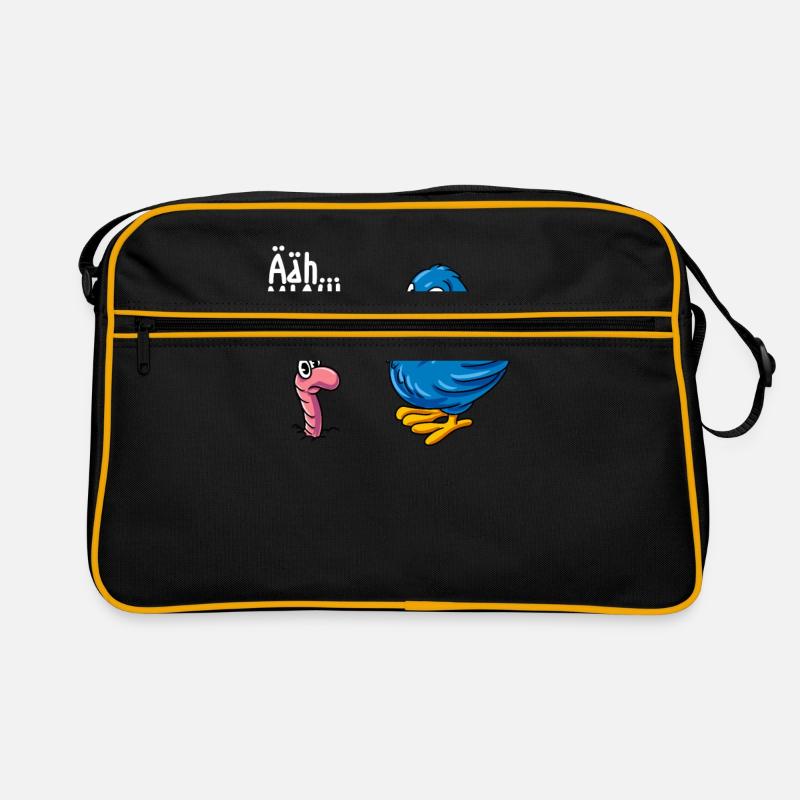 Katze Vogel Wurm Schwarzer Humor - Retro Tasche - Schwarz/Gold