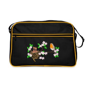 Robins, nest, cherry blossoms - Retro Bag - black/gold - Front
