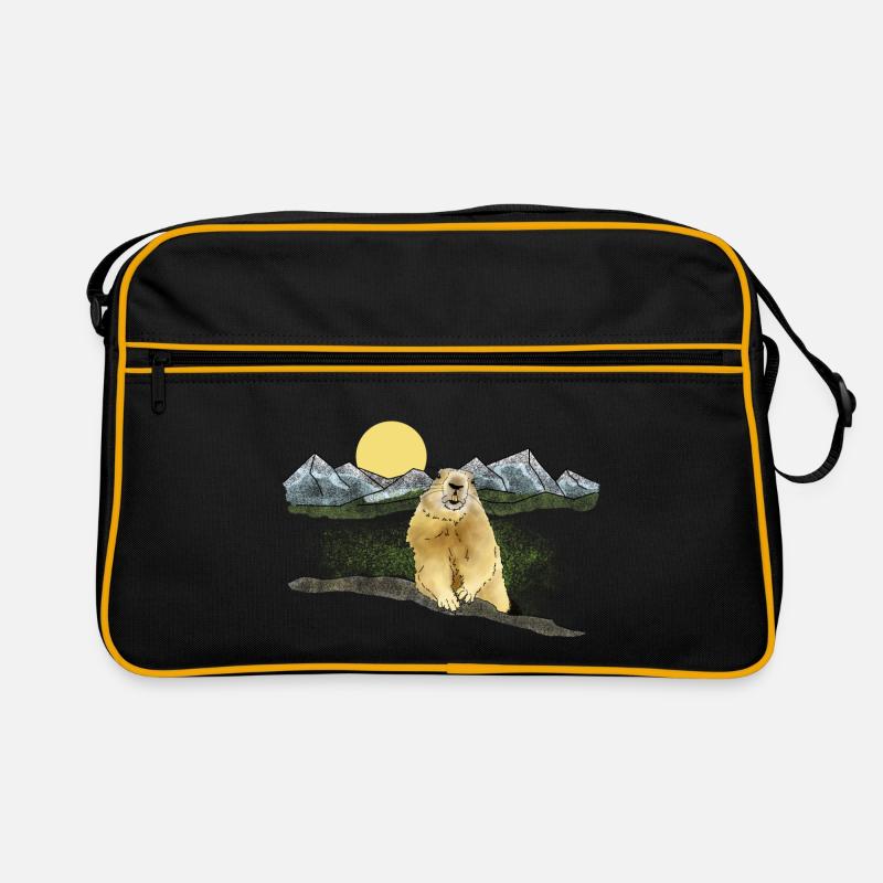 Murmeltier, Berge, Sonne - Retro Tasche - Schwarz/Gold