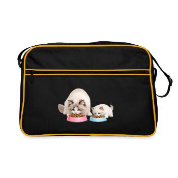 Mama Ragdoll-Katze frisst zusammen mit ihrem Kätzchen - Retro Tasche - Schwarz/Gold - Vorne