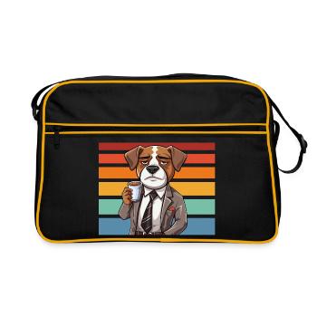 Kaffeehund im Anzug vor Retrostreifen - Retro Tasche - Schwarz/Gold - Vorne