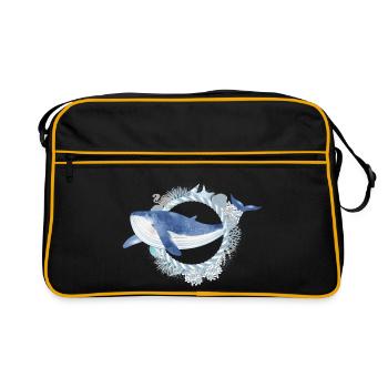 blauer Wal Fisch im Korallenriff im Aquarell Stil - Retro Tasche - Schwarz/Gold - Vorne