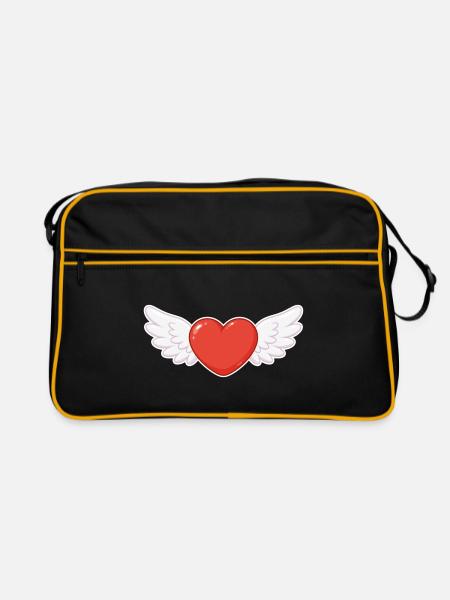 Geflügeltes Herz Kawaii-Druck - Retro Tasche - Schwarz/Gold