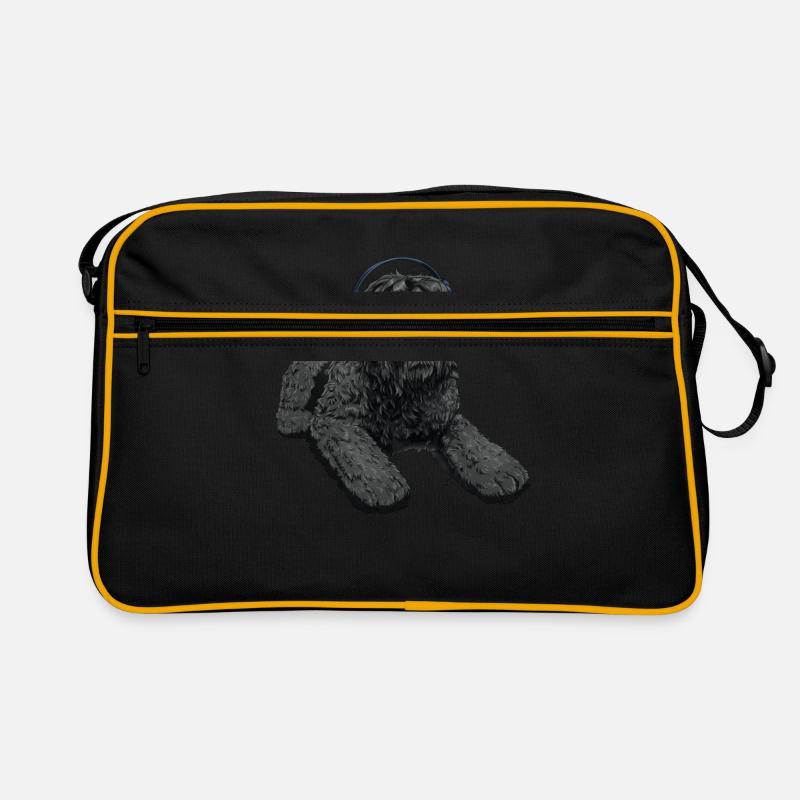 Schwarzer russischer Terrier Hund mit Kopfhörer Retro Tasche