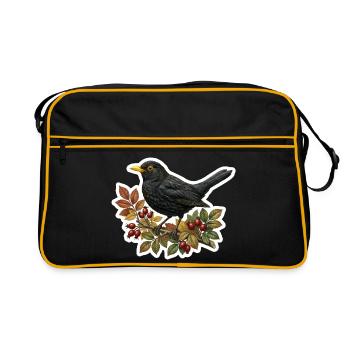 Heimische Amsel auf Hagebuttenzweig - Retro Tasche - Schwarz/Gold - Vorne