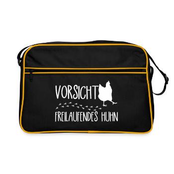 Lustiger Hühner Spruch Vorsicht Freilaufendes Huhn - Retro Tasche - Schwarz/Gold - Vorne