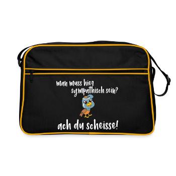 Frecher Vogel Spruch - man muss sympatisch sein? - Retro Tasche - Schwarz/Gold - Vorne