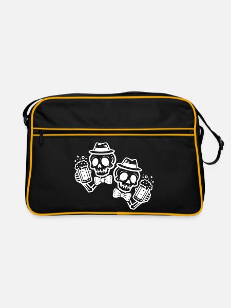 Totenköpfe mit Bierkrügen Weiß - Retro Tasche - Schwarz/Gold