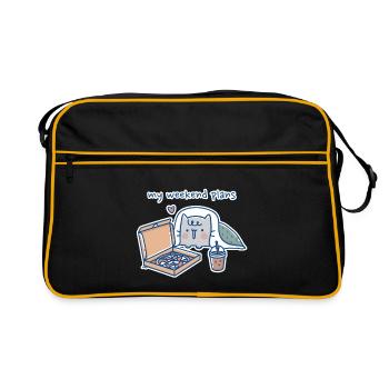 Kawaii Katze mit Pizza Design - Retro Tasche - Schwarz/Gold - Vorne