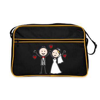 Dessin animé du couple de mariés joyeux - Sac Retro - noir/or - Devant