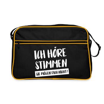 Humovolles Statement Design. Ich höre Stimmen - Retro Tasche - Schwarz/Gold - Vorne