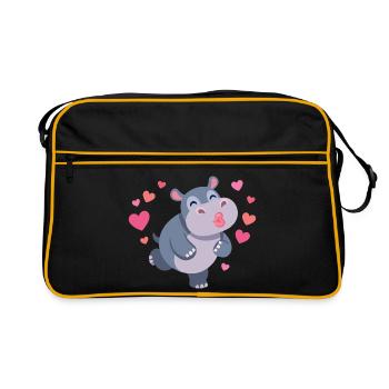 Herziger Hippo mit Herzen und Kussmund - Retro Tasche - Schwarz/Gold - Vorne