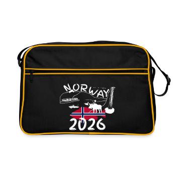 Norwegen 2026 Rotbarsch mit Bergen und Elch Angeln - Retro Tasche - Schwarz/Gold - Vorne
