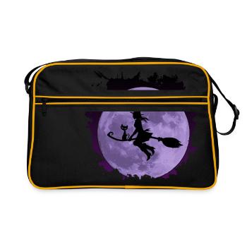 Witch with sweet cat "CatRina" on broom with moon - Retro Bag - black/gold - Front