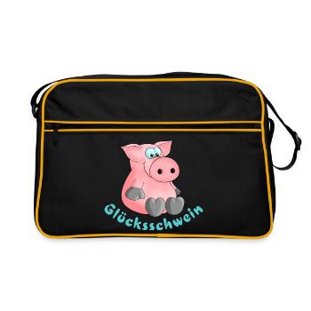 Glücksschwein - Glücksbringer - Glück - Retro Tasche - Schwarz/Gold - Vorne