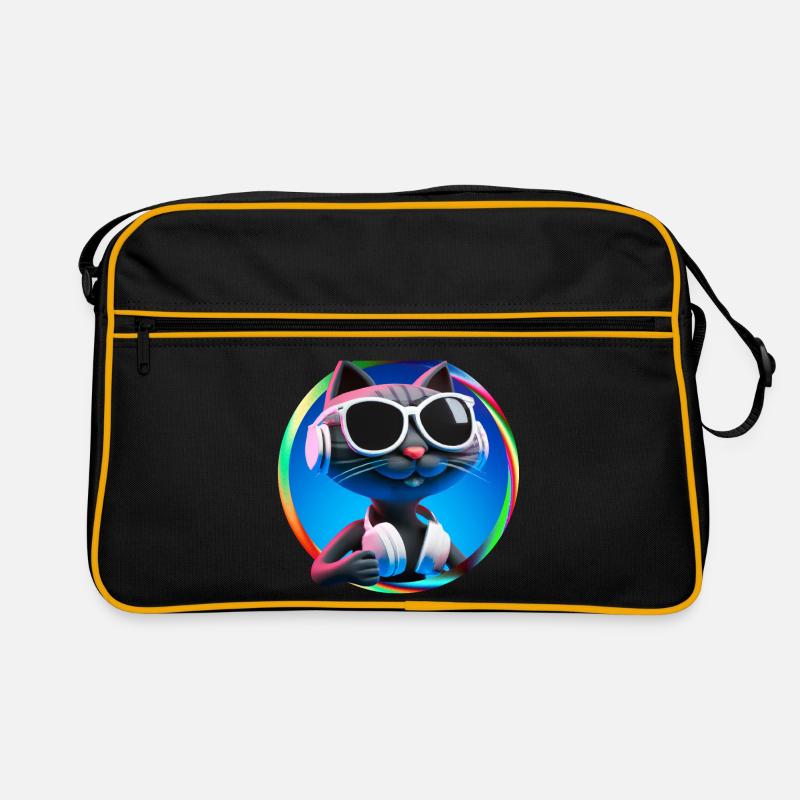 Katze Brille Turntable DJ Disco Club Kopfhörer - Retro Tasche - Schwarz/Gold
