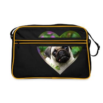Lustiger Mops Welpe Hund Foto Porträt mit Herz - Retro Tasche - Schwarz/Gold - Vorne