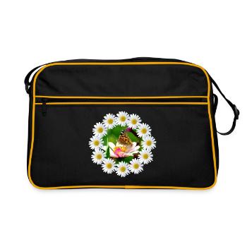 Margeriten Blüte mit Schmetterling Blumenmuster - Retro Tasche - Schwarz/Gold - Vorne