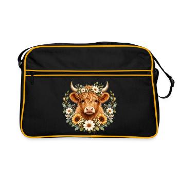 Highland Cow, Schottisches Rind, Hochland Rind - Retro Tasche - Schwarz/Gold - Vorne