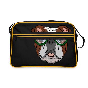 Bulldogge mit grüner Brille, Geschenkidee - Retro Tasche - Schwarz/Gold - Vorne