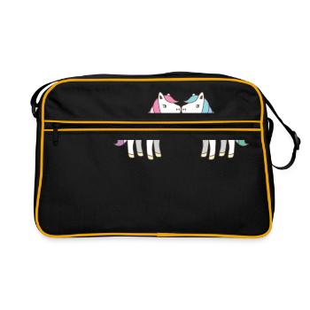 zwei niedliche Einhörner, die Rosa und Aqua küssen - Retro Tasche - Schwarz/Gold - Vorne