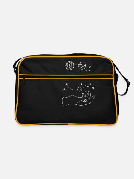 Universum in unseren Händen, Planet, Erde, Sterne - Retro Tasche - Schwarz/Gold - Vorne