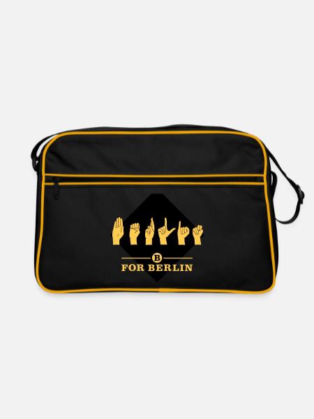 B for Berlin - Gebärde - Farbkombi frei wählbar! - Retro Tasche - Schwarz/Gold - Vorne