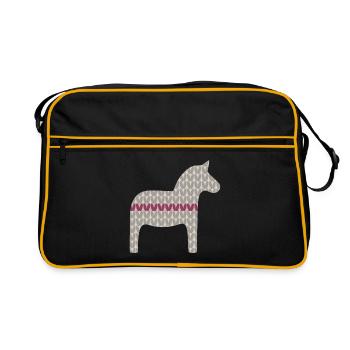 Dala Horse Knitting Pattern Christmas Red Grey Scandi - Retro Bag - black/gold - Front