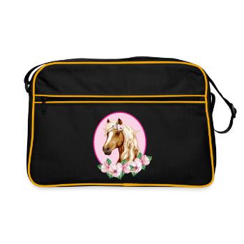 Romantisches braunes Pferd - Blüten rosa - Retro Tasche - Schwarz/Gold - Vorne