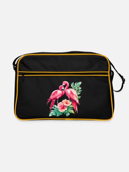 Flamingo Liebesduett im Tropenwald - Retro Tasche - Schwarz/Gold - Vorne