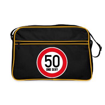50. Geburtstag Sexy Schild Tempo 50 und Sexy 50 - Retro Tasche - Schwarz/Gold - Vorne